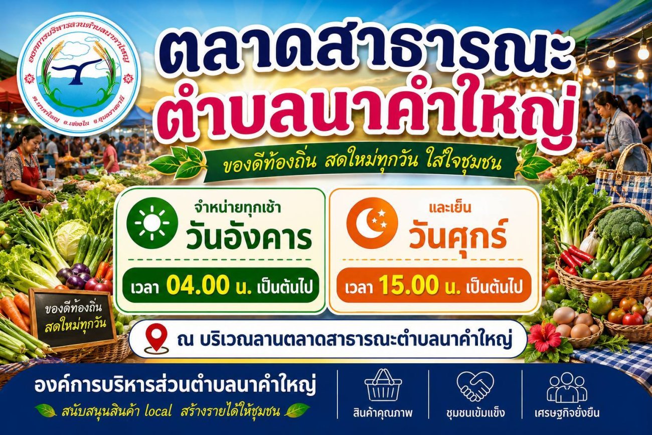 ข่าวประชาสัมพันธ์องค์การบริหารส่วนตำบลนาคำใหญ่  เรื่อง การเปิดตลาดนัดสาธารณะตำบลนาคำใหญ่
